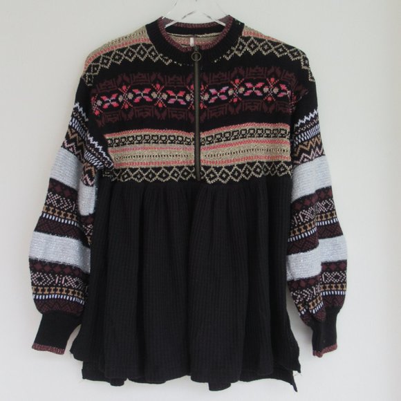 NEW Anthro Free People Tunic Sz XS/S Black Fair Isle Cabin Fever Thermal Sweater - Picture 3 of 11